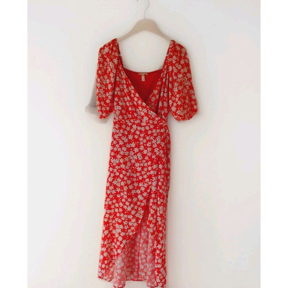 Leith red floral midi wrap dress puff sleeve prairie cottage